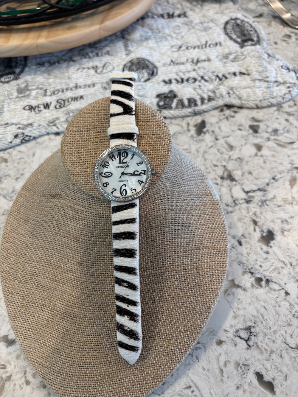 Chico's Zebra Stripe Leather Strap Watch in Black and White